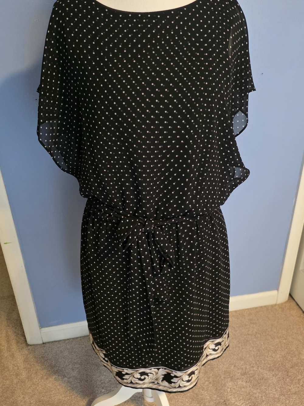 White House Black Market Black Polka Dot Midi Dress with Ivory Border
